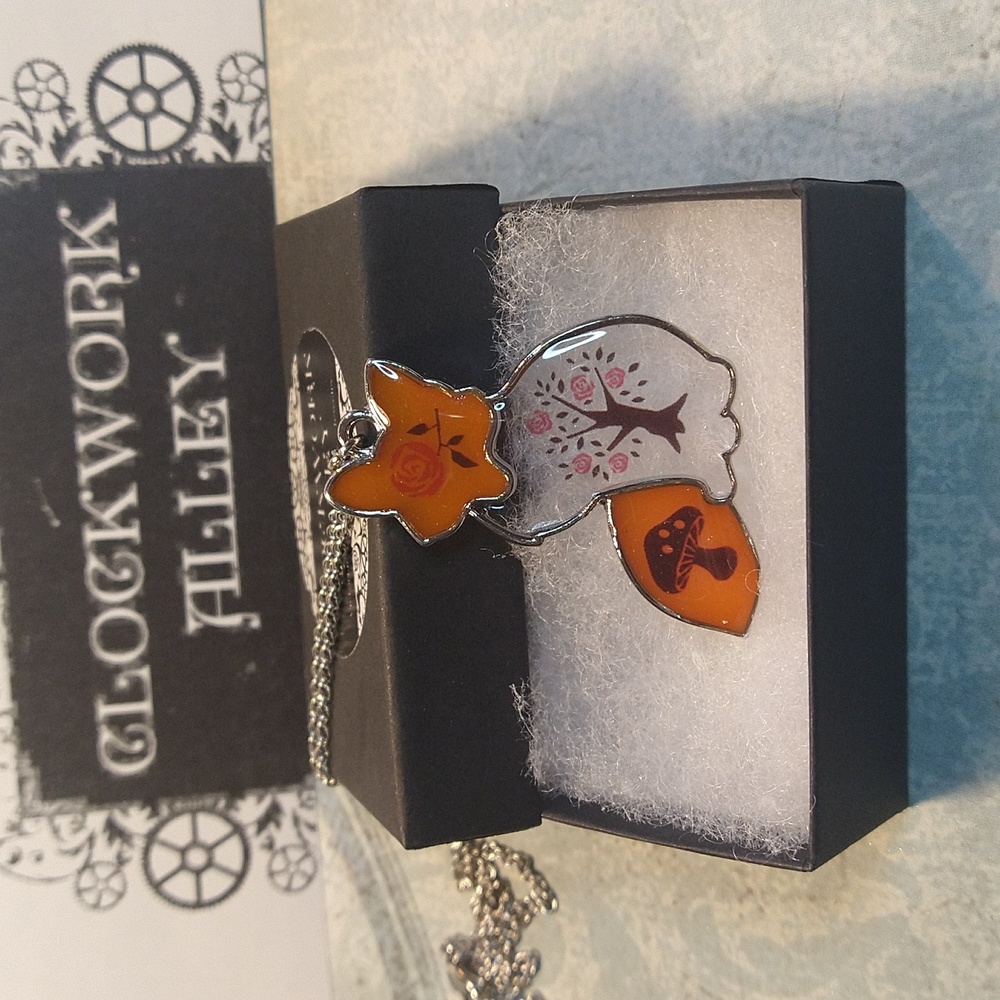 Handmade Fox Pendant Necklace with Mushroom, Tree and Rose Decals